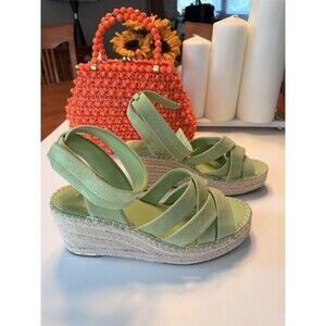 Franco Sarto Leather Espadrille Wedge Sandals Pistachio Green Hook & Loop US 7.5